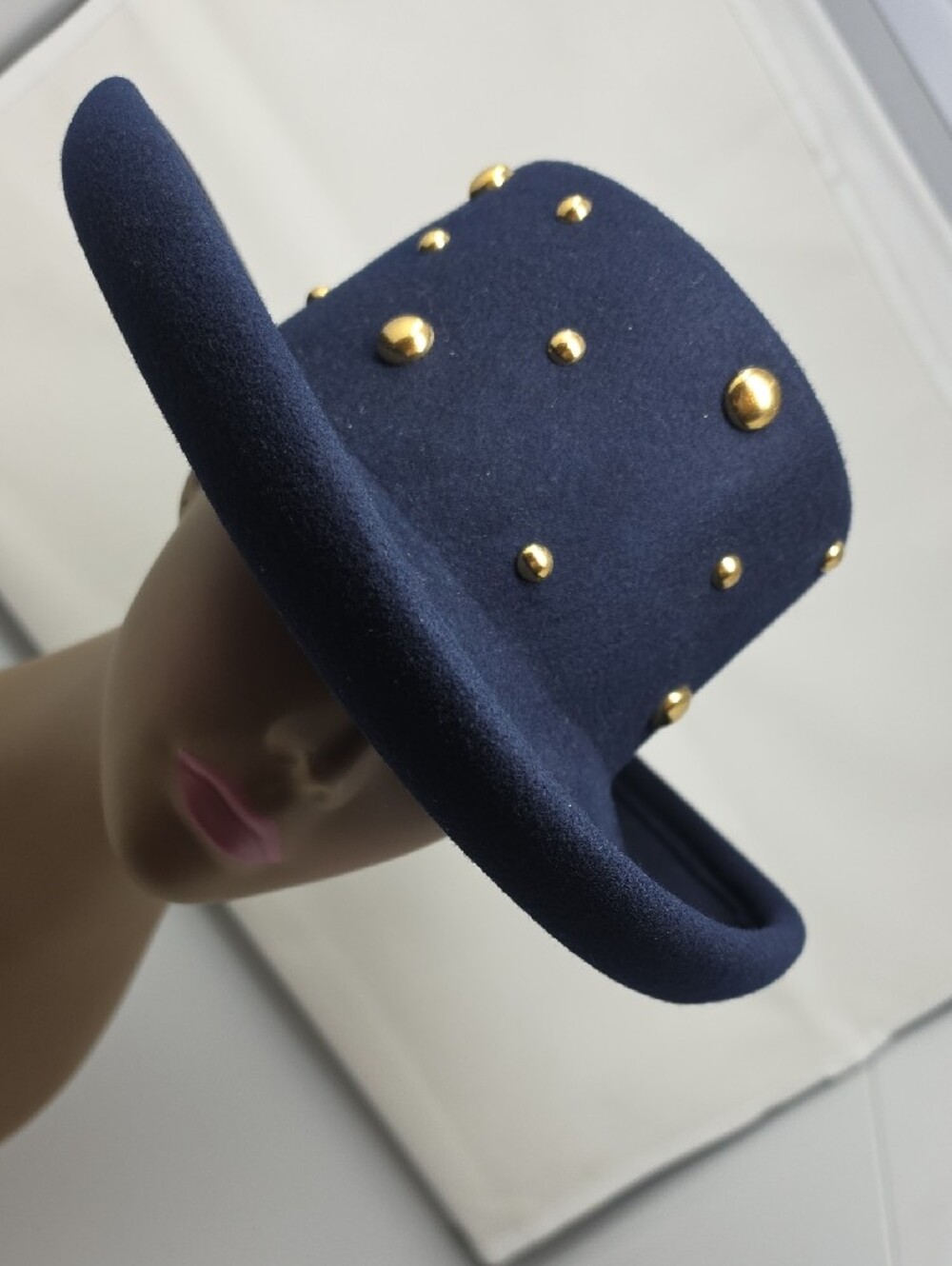 Women’s Herve Bernard Bollman Hat Co Navy Felt Hat with Gold Stud Accents
